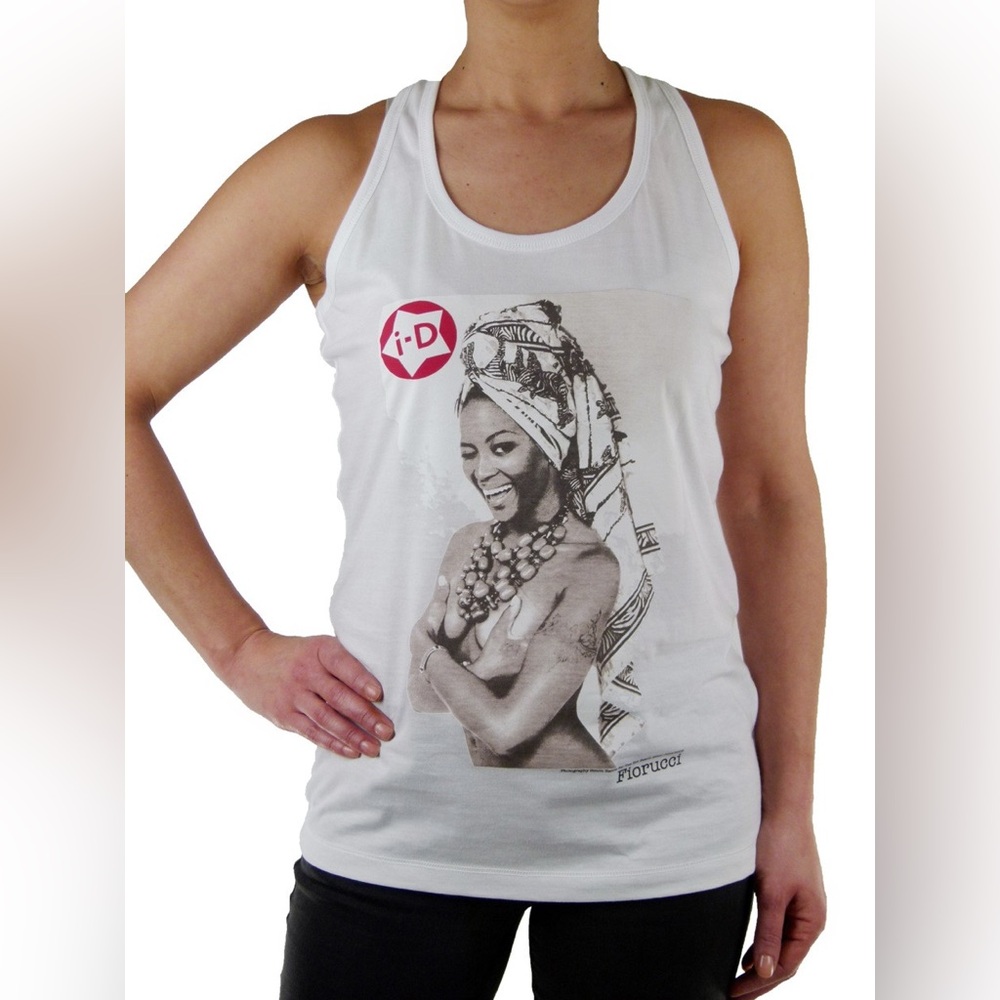 Fiorucci White Racerback Tank with Black-and-White Photo Graphic and Red Logo